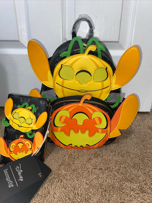 Stitch and Angel Jack o Lantern Pumpkin Mini Backpack and Wallet