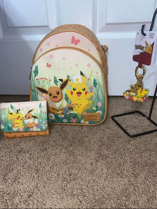 Eevee & Pikachu Flowers Mini Backpack, Wallet, & Keychain