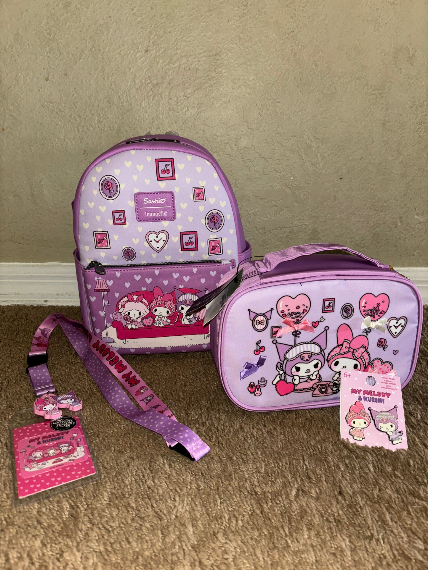 My Melody & Kuromi Sleepover Mini Backpack, Cosmetic Bag, Pin, & Lanyard