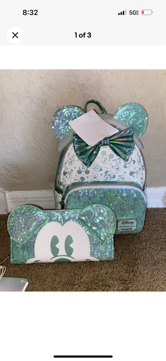 Hallmark Exclusive Disney 100 Mint Sequin Mini Backpack & Wallet