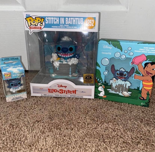 Funko Pop Stitch in Bathtub, Pin, & Keychain